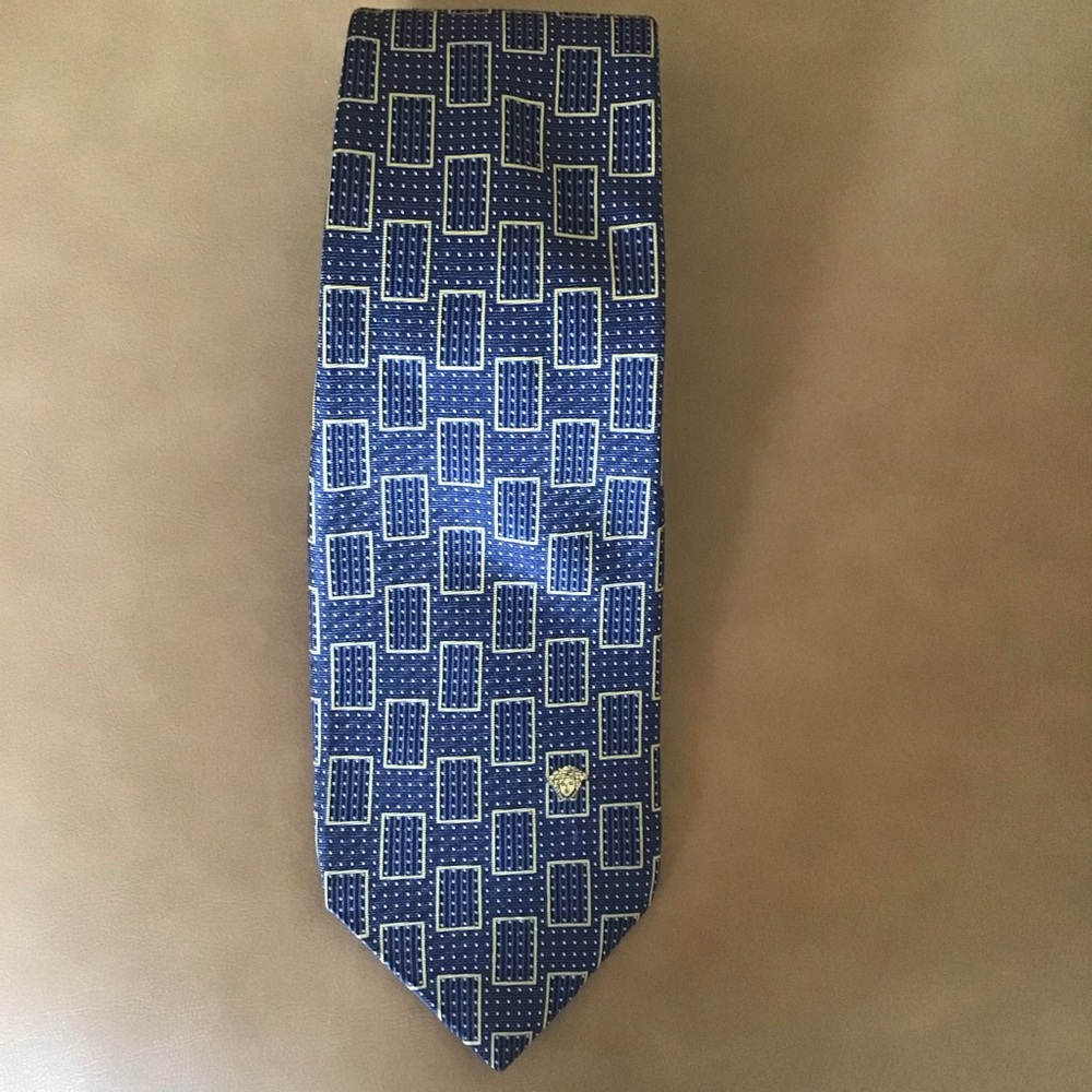 Versace navy/ gold logo silk necktie